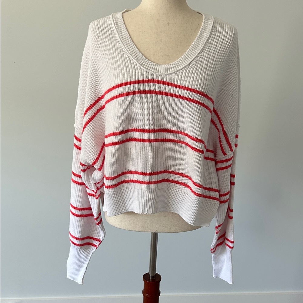 NWT Aerie Striped V-Neck Sweater in White and Red